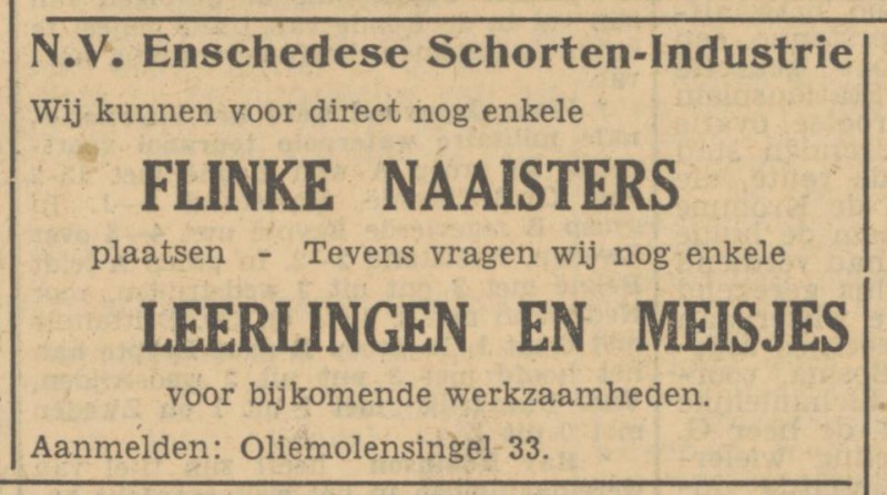 Oliemolensingel 33 Enschedesche Schorten-Industrie advertentie Tubantia 10-8-1950.jpg