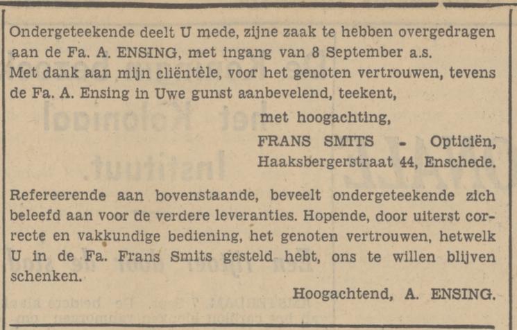 Haaksbergerstraat 44 A. Ensing Opticien advertentie Tubantia 7-9-1938.jpg