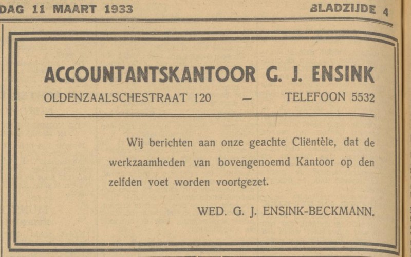 Oldenzaalsestraat 120 Wed. G.J. Ensink-Beckmann advertentie Tubantia 11-3-1933.jpg