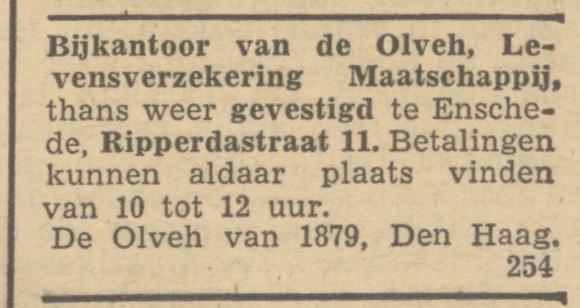 Ripperdastraat 11 Olveh Levensverzekring Maatschappij advertentie Trouw 20-6-1945.jpg