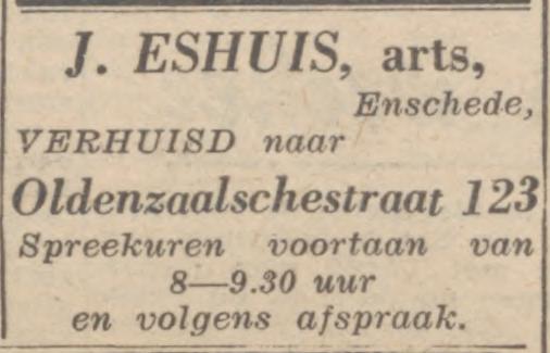 Oldenzaalsestraat 123 J. Eshuis Arts advertentie Volkskrant 23-2-1946.jpg