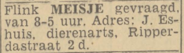 Ripperdastraat 2d J. Eshuis dierenarts advertentie Twentsch nieuwsblad 7-3-1944.jpg