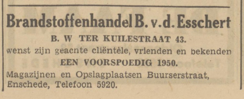 B.W. ter Kuilestraat 43 B. v.d. Esschert Brandstoffenhandel advertentie Tubantia 31-12-1949.jpg