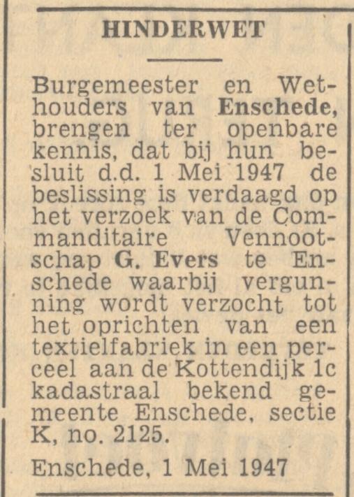 Kottendijk 1c G. Evers C.V. textielfabriek advertentie Hinderwet 3-5-1947.jpg