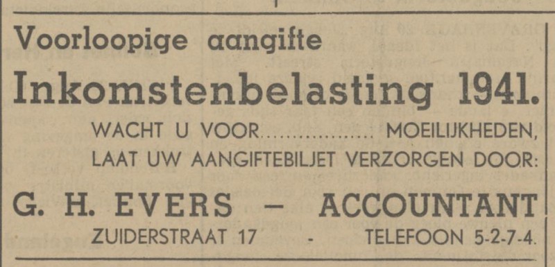 Zuiderstraat 17 G.H. Evers Accountant advertentie Tubantia 20-8-1941.jpg