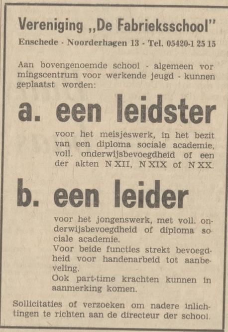 Noorderhagen 13 Fabrieksschool advertentie Tubantia 20-9-1966.jpg