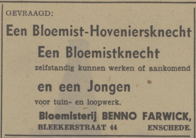 Blekerstraat 44 Bloemisterij Farwick advertentie Tubantia 25-3-1948.jpg