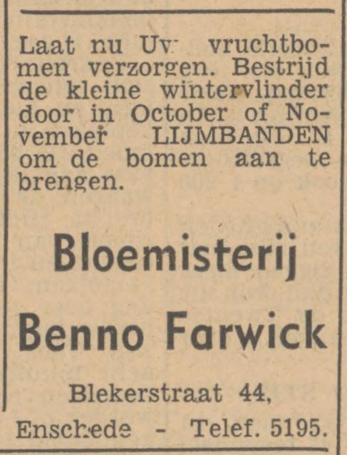 Blekerstraat 44 Bloemisterij Farwick advertentie Tubantia 8-10-1947.jpg