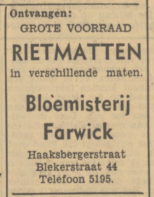 Blekerstraat 44 Bloemisterij Farwick advertentie Tubantia 18-11-1949.jpg