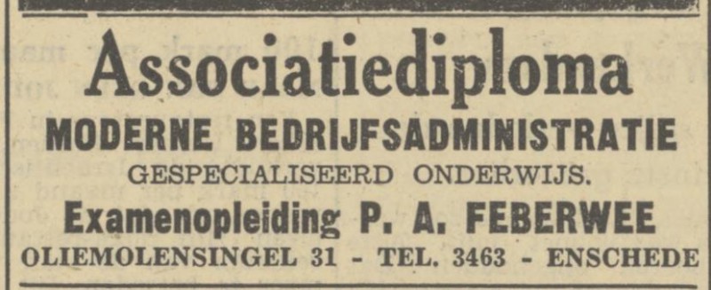 Oliemolensingel 31  P.A. Feberwee advertentie Tubantia13-2-1950.jpg