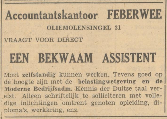 Oliemolensingel 31 Accountantskantoor Feberwee advertentie Tubantia 7-4-1951.jpg