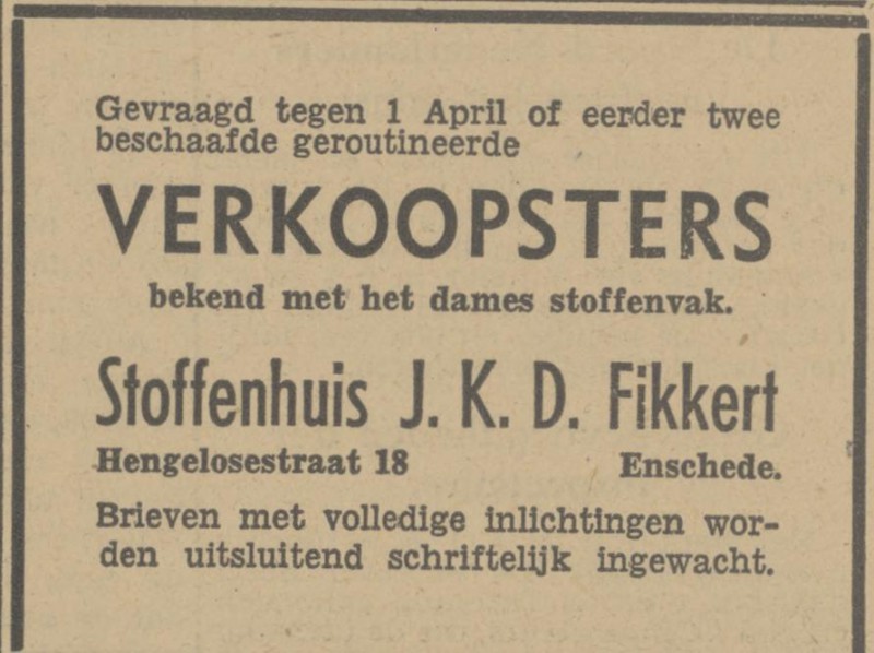 Hengelosestraat 18 Stoffenhuis J.K.D. Fikkert advertentie Tubantia 21-2-1948.jpg