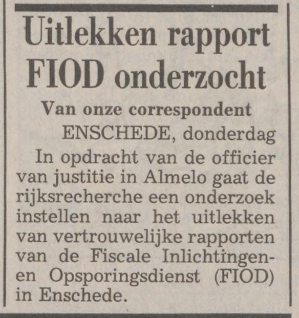 Fiscale Inlichtingen- en Opsporingsdienst (FIOD) Enschede krantenbericht De Telegraaf 12-1-1989.jpg