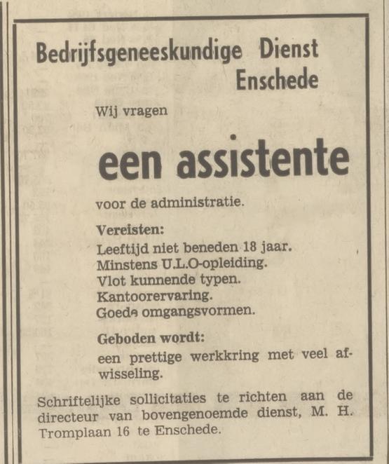 M.H. Tromplaan 16 Bedrijfsgeneeskundige Dienst advertentie Tubantia 17-5-1968.jpg