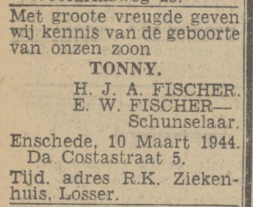 Da Costastraat 5 H.J.A. Fischer advertentie Twentsch nieuwsblad 11-3-1944.jpg