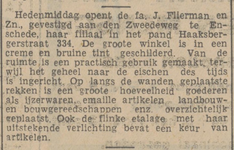 Haaksbergerstraat 334 Zwedeweg 16 Fa. J. Flierman & Zn. krantenbericht Tubantia 14-3-1936.jpg