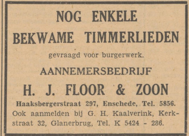 Haaksbergerstraat 297 H.J. Floor & Zoon Aannemersbedrijf advertentie Tubantia 26-3-1949.jpg