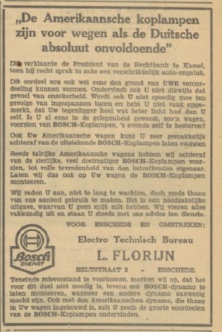 Beltstraat 2-4 L. Florijn Electro Techn. Bureau advertentie Tubantia 29-4-1933.jpg