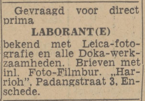 Padangstraat 3 Foto-Filmbur. Harrioh advertentie Twentsch nieuwsblad 23-11-1942.jpg