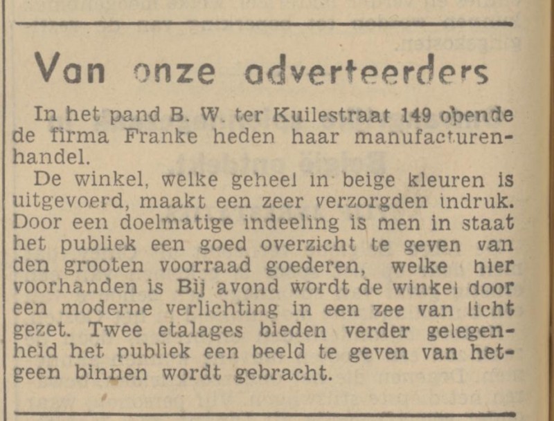 B.W. ter Kuilestrat 149 Manufacturenhandel Franke krantenbericht Tubantia 13-2-1939.jpg
