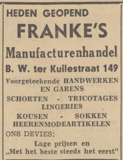B.W. ter Kuilestrat 149 Manufacturenhandel Franke advertentie Tubantia 13-2-1939.jpg