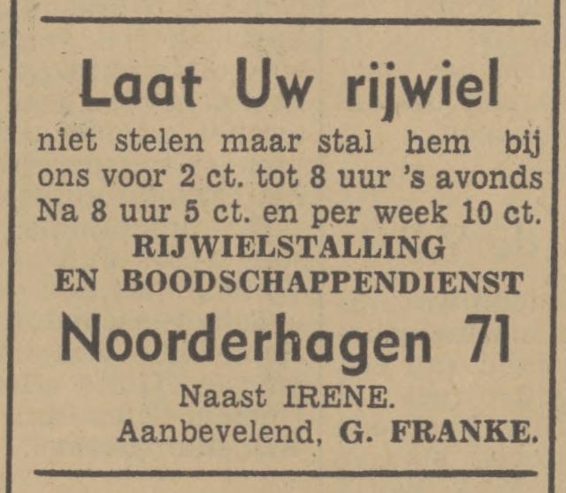 Noorderhagen 71 G. Franke rijwielstalling advertentie Tubantia 20-7-1940.jpg