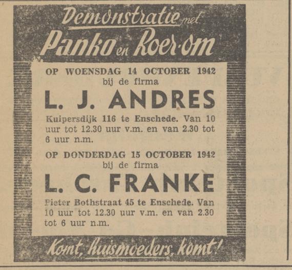 Pieter Bothstraat 45 L.C. Franke advertentie Tubantia 13-10-1942.jpg