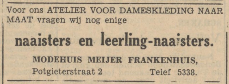 Potgieterstraat 2 Modehuis Meijer Frankenhuis advertentie Tubantia 9-9-1947.jpg