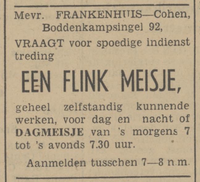 Boddenkampsingel 92 Mevr. Frankenhuis advertentie Tubantia 22-4-1941.jpg