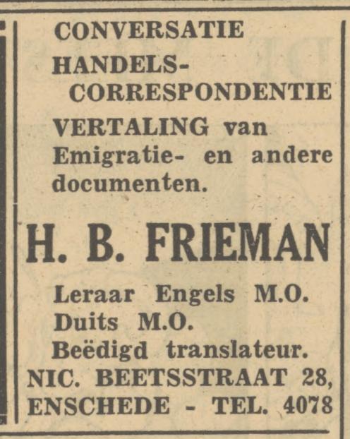 Nicolaas Beetsstraat 28 H.B. Frieman Leraar M.O. advertentie Tubantia 2-9-1950.jpg