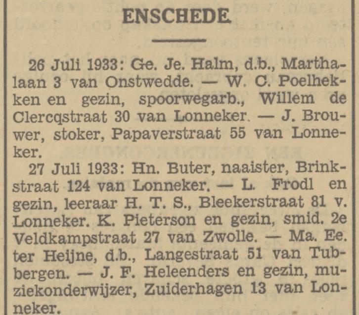 Blekerstraat 81 L. Frodl leraar HTS advertentie Tubantia 30-8-1933.jpg