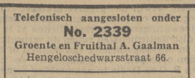 Hengeloschedwarsstraat 66 A. Gaalman Groente- en Fruitzaak advertentie Tubantia 13-6-1941.jpg