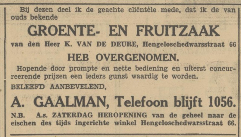 Hengeloschedwarsstraat 66 A. Gaalman Groente- en Fruitzaak advertentie Tubantia 5-2-1932.jpg