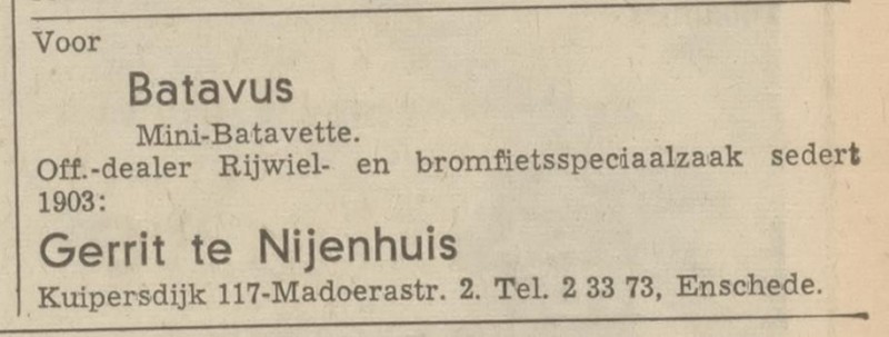 Kuipersdijk 117 hoek Madoerastraat 2 Gerrit te Nijenhuis advertentie Tubantia 22-10-1969.jpg