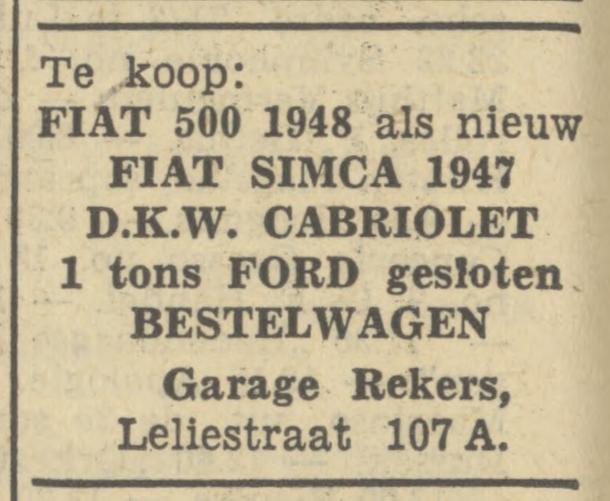 Leliestraat 107a Garage Rekers advertentie Tubantia 7-1-1950.jpg