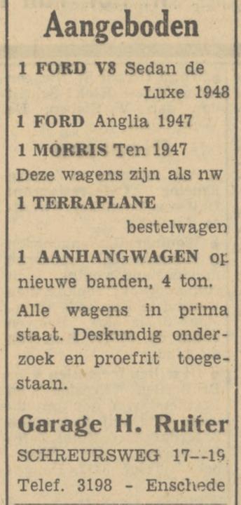 Schreursweg 17-19 Garage H. Ruiter advertentie Tubantia 28-10-1950.jpg