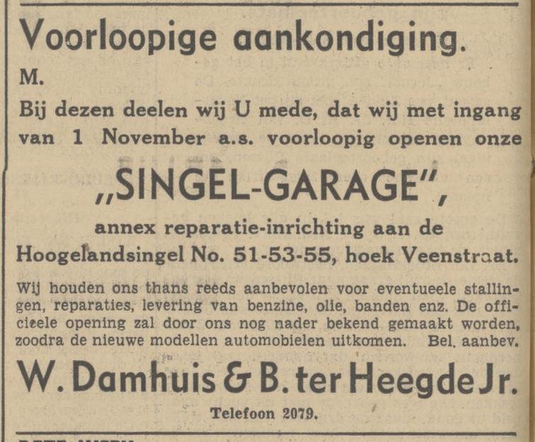 Hogelandsingel 51-53-55 Singel Garage W.Damhuis & B. ter Heegde advertentie 1-11-1938.jpg