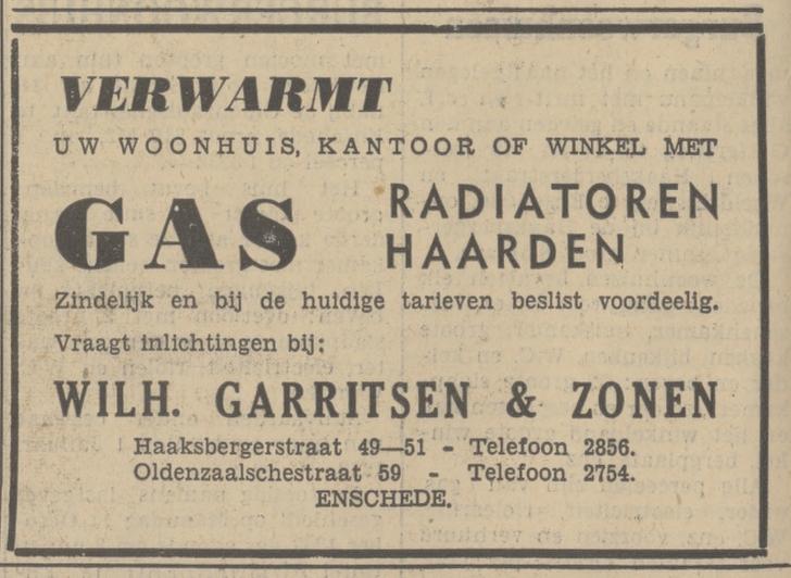 Oldenzaalsestraat 59 W. Garritsen & Zn. advertentie Tubantia 2-10-1937.jpg