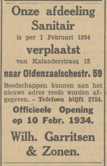 Oldenzaalsestraat 59 W. Garritsen & Zn. advertentie Tubantia 5-2-1934.jpg