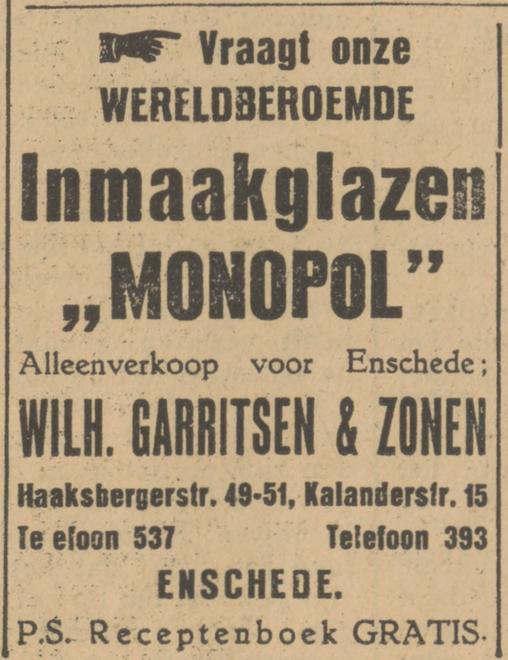 Haaksbergerstraat 49-51 W. Garritsen & Zn. advertentie Tubantia 13-7-1928.jpg