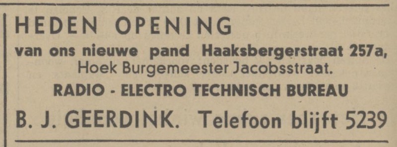 Haaksbergerstraat 257a hoek Burgemeester Jacobsstraat B.J. Geerdink Radio-Electro Technisch Bureau advertentie Tubantia 22-3-1941.jpg