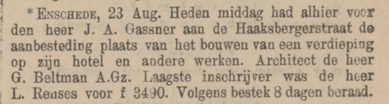 Haaksbergerstraat Hotel Gassner verbouwen van een verdieping op het hotel krantenbericht 26-8-1905.jpg