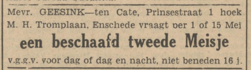 Prinsestraat 1 hoek M.H. Tromplaan Mevr. Geesink-ten Cate advertentie Tubantia 1-4-1947.jpg