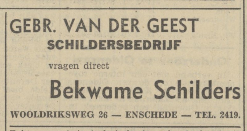 Wooldriksweg 26 Gebr. van der Geest schildersbedrijf advertentie Tubantia 6-12-1948.jpg