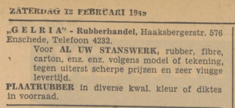 Haaksbergerstraat 576 Gelria Rubberhandel advertentie Tubantia 12-2-1949.jpg