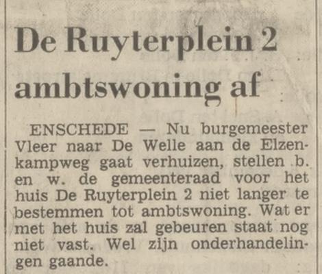 De Ruyterplein 2 niet langer ambtswoning burgemeester krantenbericht Tubantia 8-12-1971.jpg