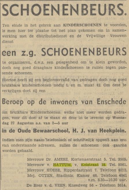 Van Kolstraat 18 Mevr. van Hattum tel. 5561 advertentie Tubantia 23-8-1941.jpg