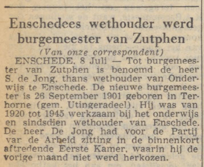 S. De Jong wethouder krantenbericht 9-7-1952.jpg