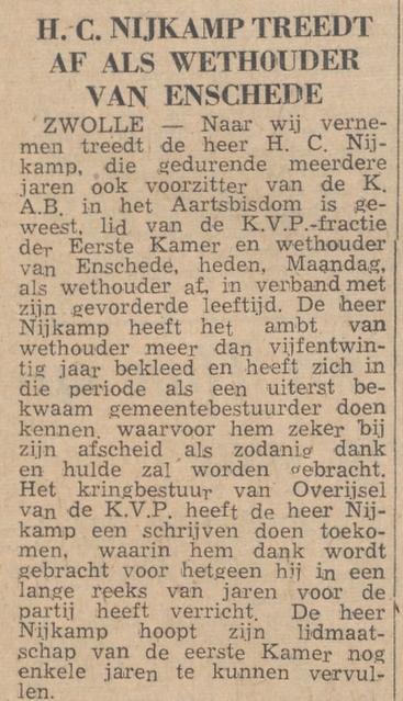 H.C. Nijkamp wethouder treedt af krantenbericht 8-11-1954.jpg
