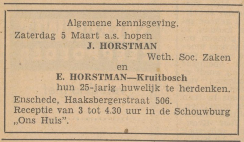 Haaksbergerstraat 506 J. Horstman Wethouder Soc. Zaken advertentie Tubantia 25-2-1949.jpg
